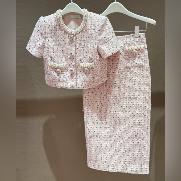 Self Portrait 2025 S/S Boucle Pearl Elegant Pink Tweed Midi Skirt US2/UK6 - Picture 9 of 10